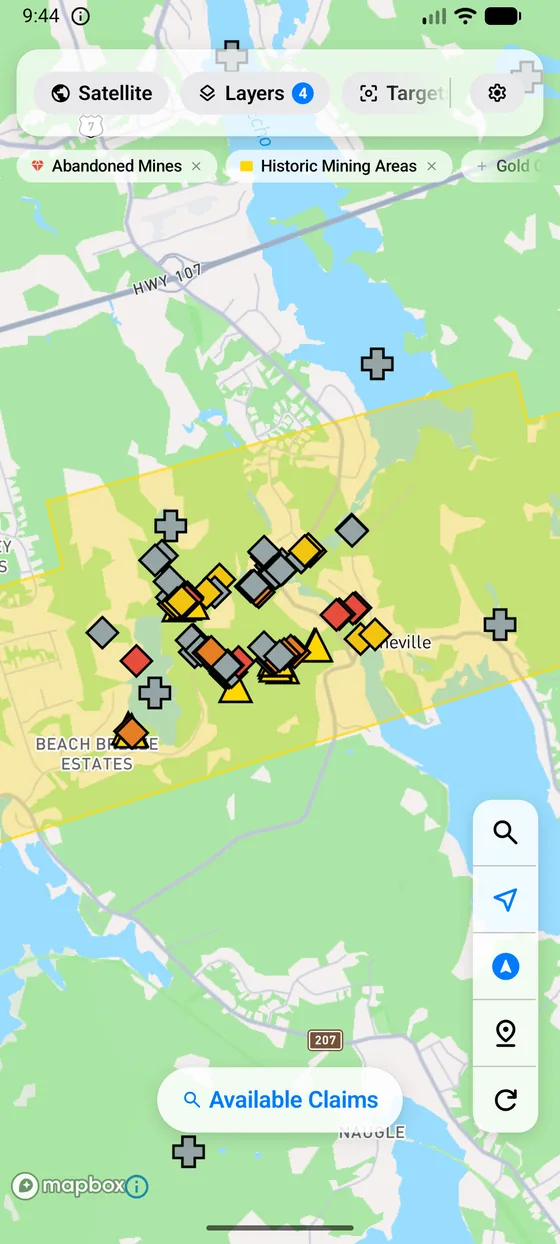 The layer drawer, with geoscience layers grouped and toggled on.