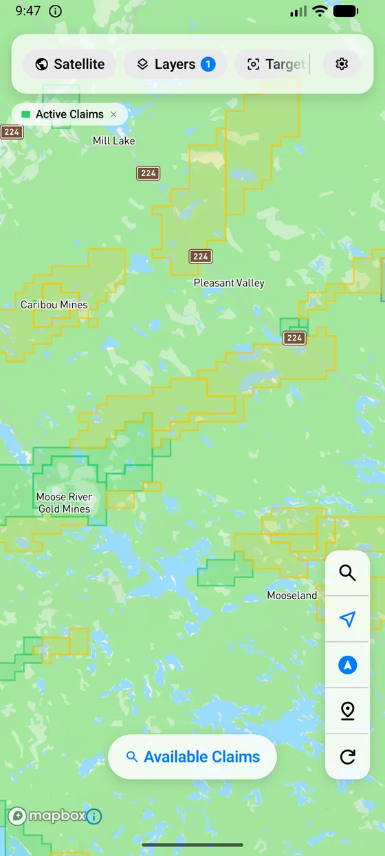 Canada Prospector showing the live claim fabric over eastern Nova Scotia, with active claims outlined and an Available Claims search button.