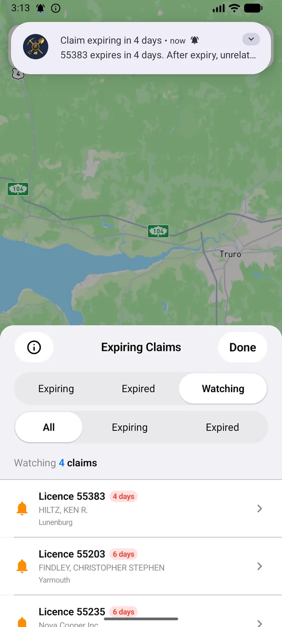 The expiring claims panel listing claims by how soon they lapse.
