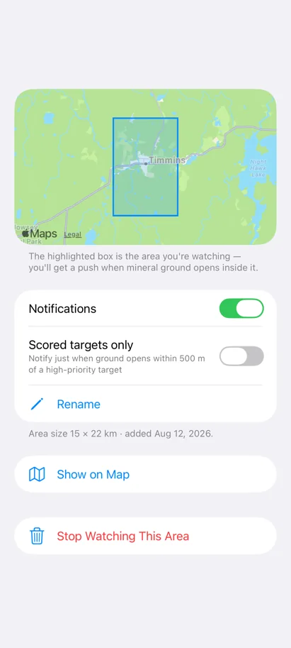 A watched area near Timmins, Ontario: a box on the map, a Notifications switch turned on, and a Scored targets only option that limits alerts to ground opening within 500 metres of a high-priority target.